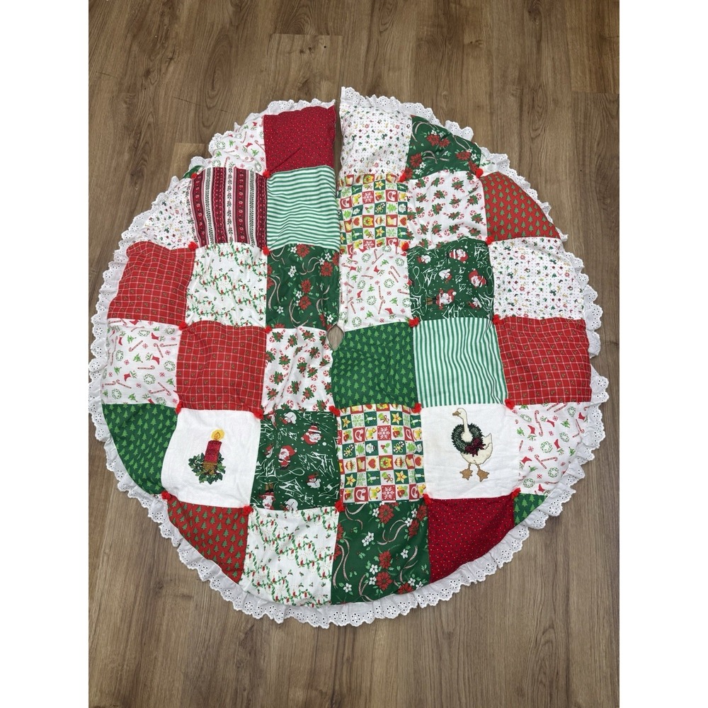 VTG Handmade Christmas Tree Skirt Quilted Cross Stitch Red  White Lace Goose